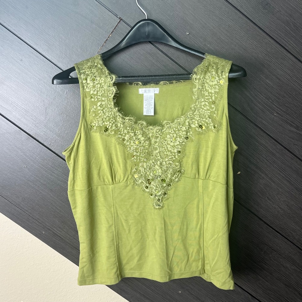 Worthington Women's Lace Sequin Tank Top PL Green Stretch Blouse Fairycore Y2K